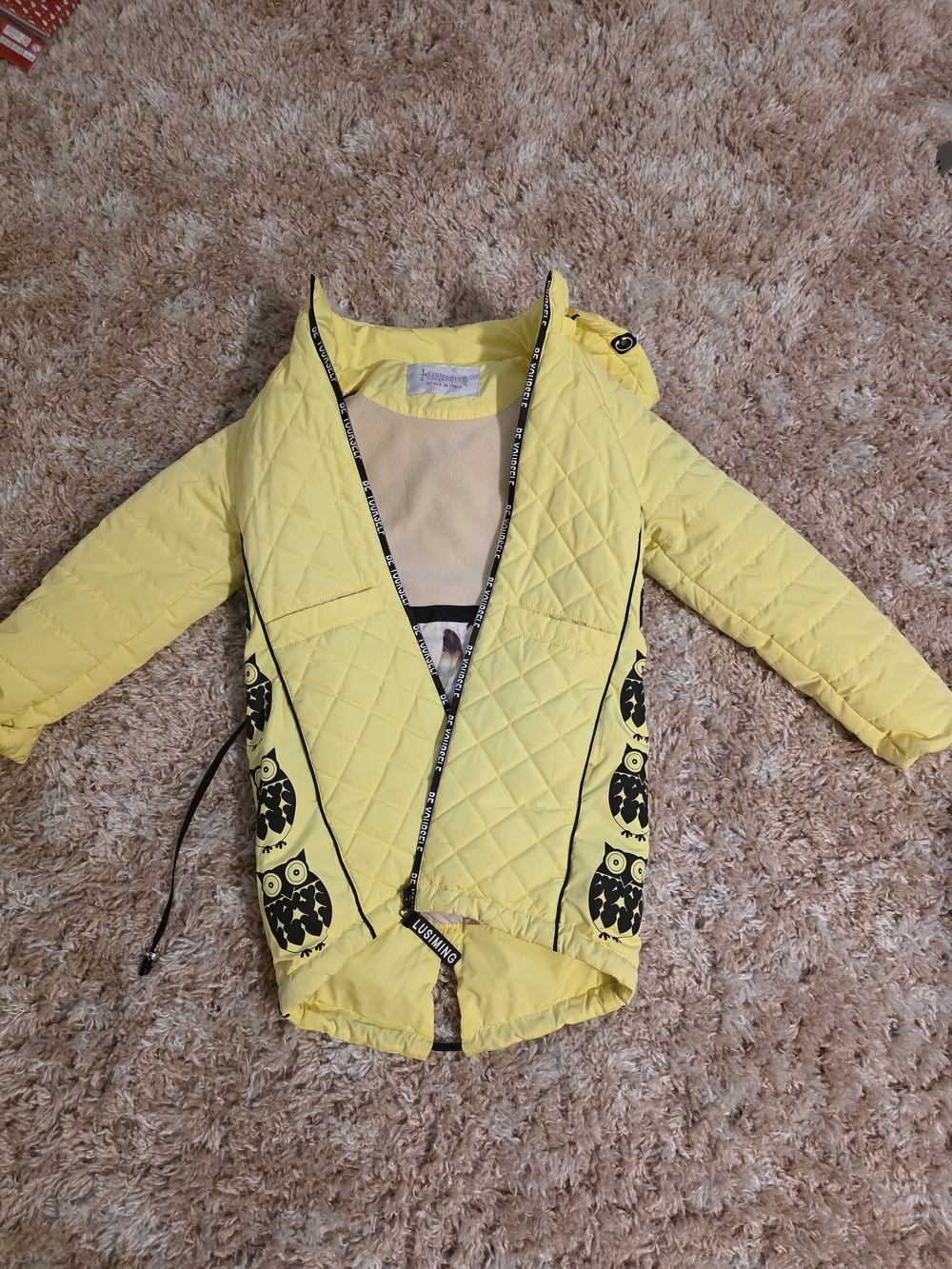 Kids Yellow Quilted Jacket with Owl Print
